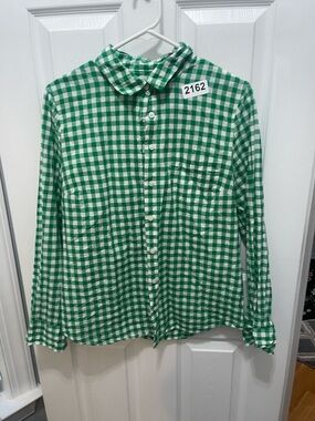J. Crew Green and White Gingham Button-Up Blouse